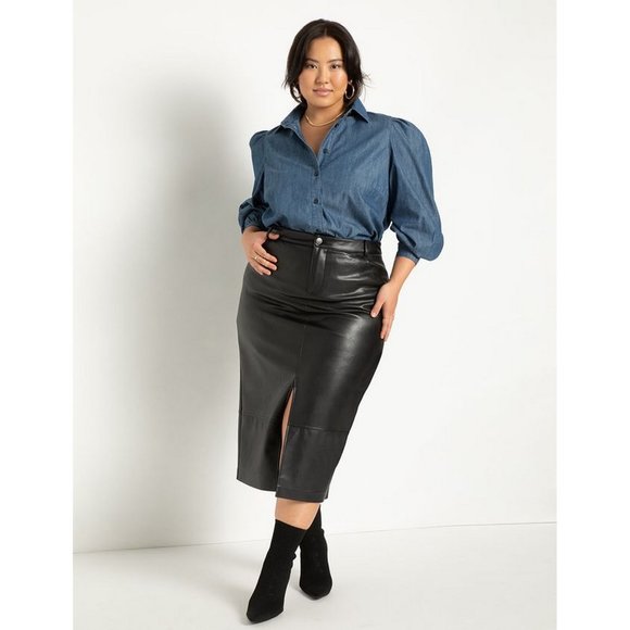 🖤 NEW Eloquii Puff Sleeve Chambray Button Down Blouse Shirt - Picture 2 of 6